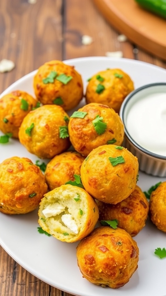 Feta and Zucchini Balls Recipe Crispy feta and zucchini balls on a plate with herbs and yogurt dip.